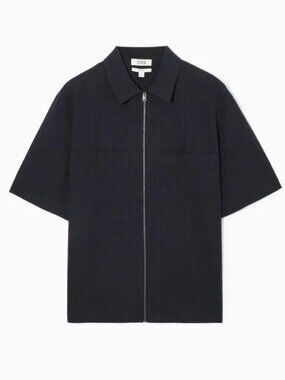 2/$100 NEW COS Relaxed Seersucker Cotton Black Short Sleeve Zip Up Shirt Jacket